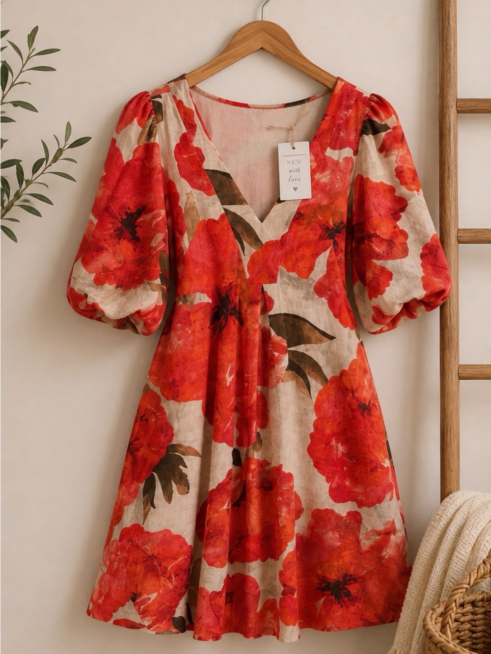 Cynthia Rowley Red Floral Puff-Sleeve V-Neck Dress